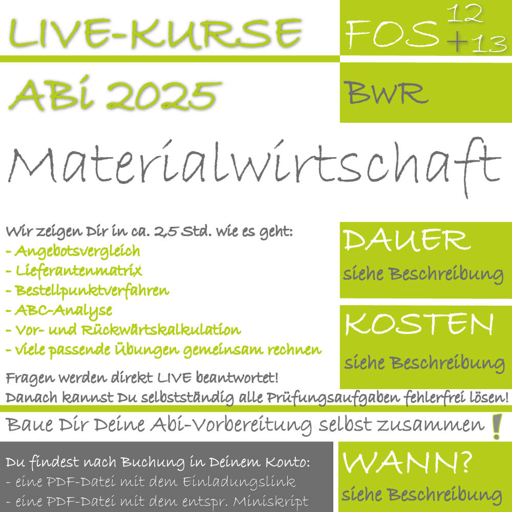 Abi 2025 FOS 12 und 13 BwR LIVE-KURS Materialwirtschaft lern.de GoDigital